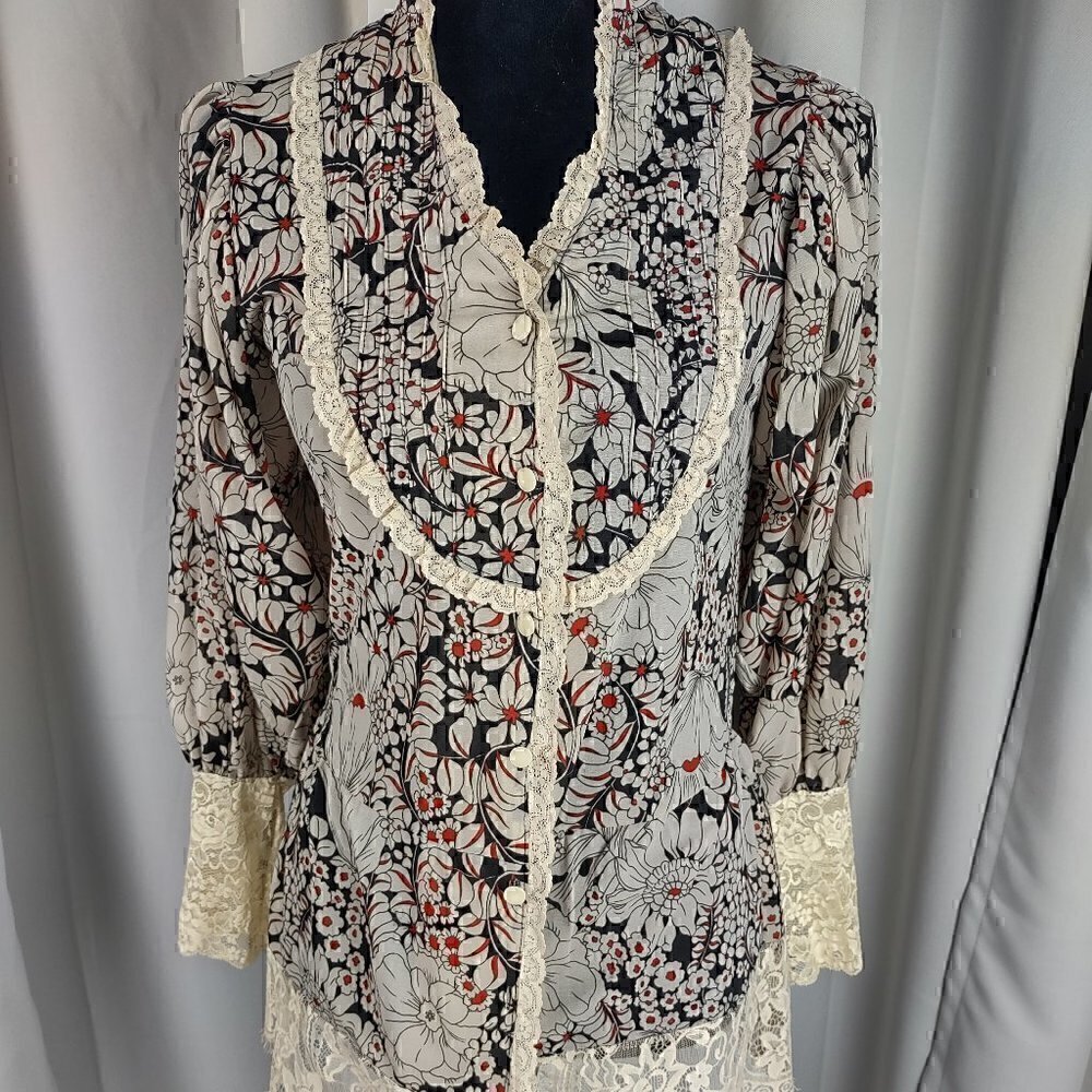 213 by Michelle Kim Multicolor Long Lace Sleeve Victorian Inspired Blouse Sz S